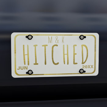 Faux Gold Foil Hitched Newlyweds Licence Plate by TuxedoWedding at Zazzle
