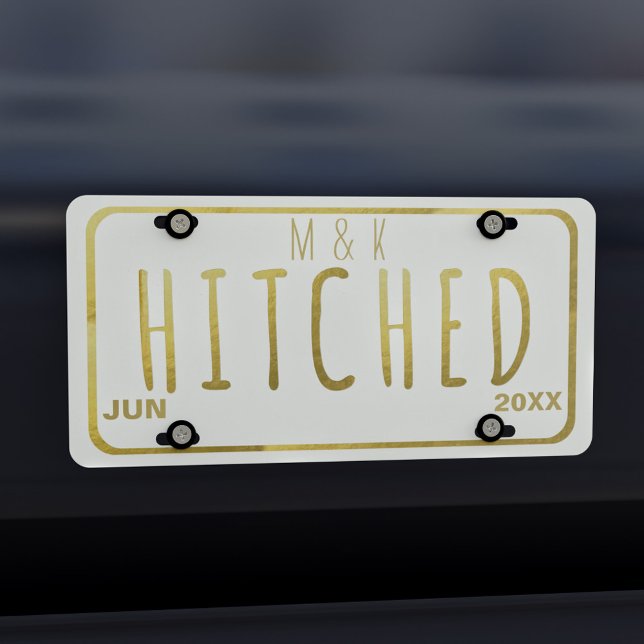 Faux Gold Foil Hitched Newlyweds Licence Plate (Add  your initials and wedding date to this white and gold HITCHED license plate)