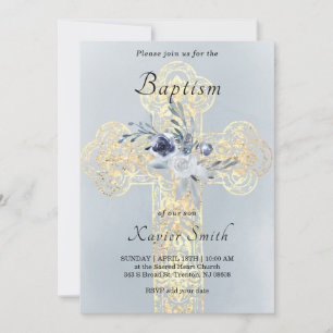 faux gold foil Holy Cross catholic Baptism Invitation