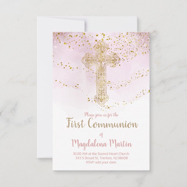 Faux gold foil holy cross First Communion Invitation (Front)