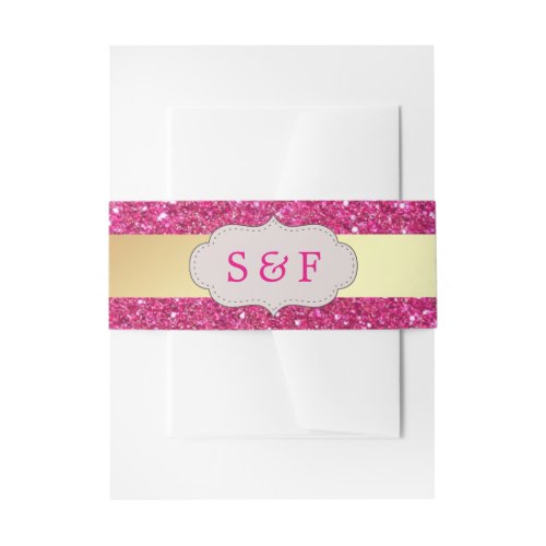 Faux Gold Foil Hot Pink Glitter Wedding Monogram Invitation Belly Band