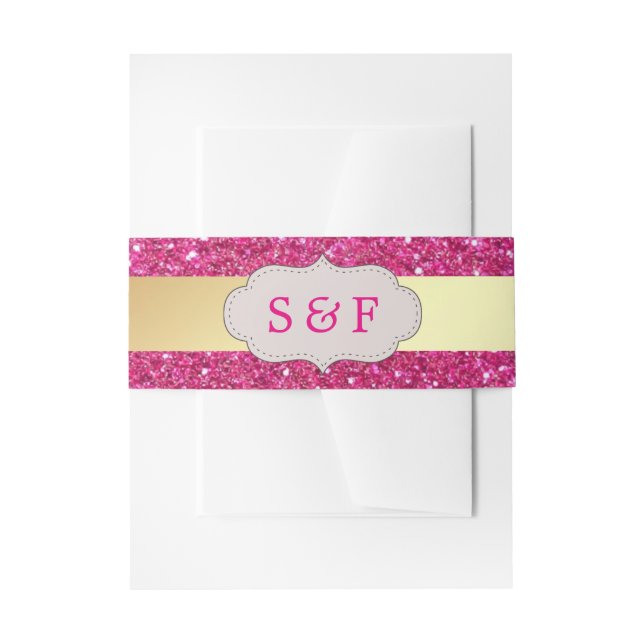 Faux Gold Foil Hot Pink Glitter Wedding Monogram Invitation Belly Band (Front Example)