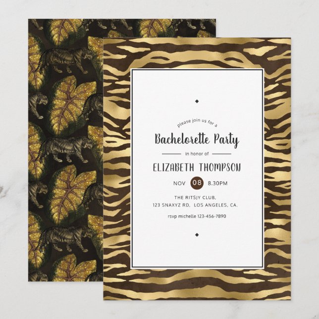 Faux Gold Foil Jungle Tiger Bachelorette Party Invitation (Front/Back)