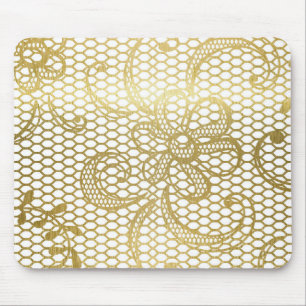 Faux Gold Foil Large Floral Lace Pattern Mouse Pad