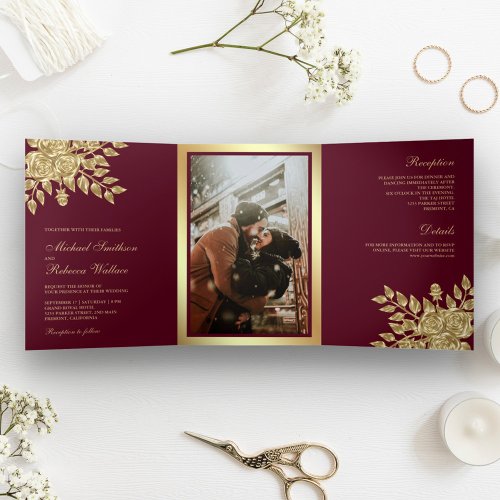 Faux Gold Foil Leaves Floral Burgundy Wedding Tri_Fold Invitation