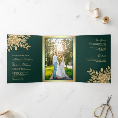 Faux Gold Foil Leaves Floral Emerald Green Wedding Tri_Fold Invitation