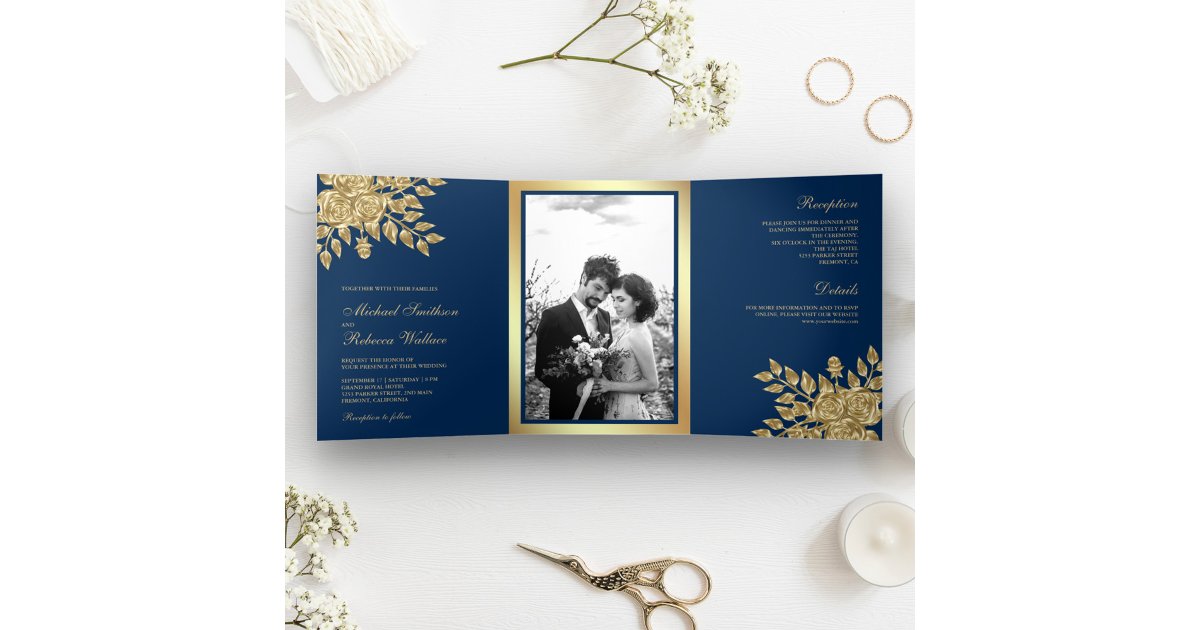 Faux Gold Foil Leaves Floral Navy Blue Wedding Tri-Fold Invitation | Zazzle