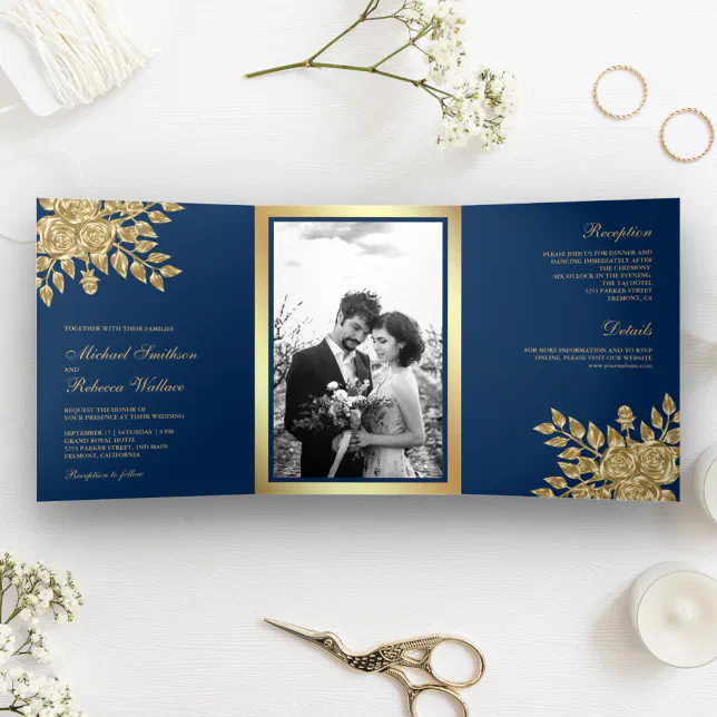 Faux Gold Foil Leaves Floral Navy Blue Wedding Tri-Fold Invitation | Zazzle