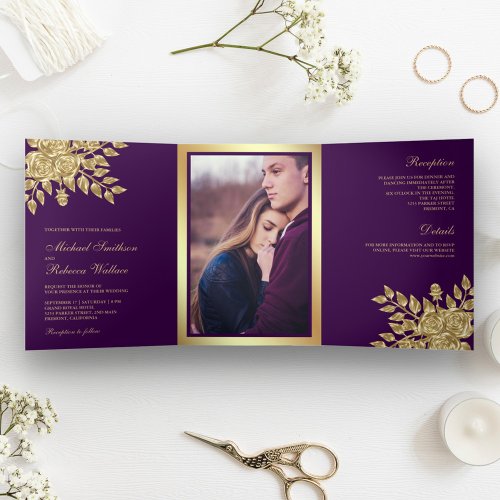Faux Gold Foil Leaves Floral Purple Wedding Tri_Fold Invitation