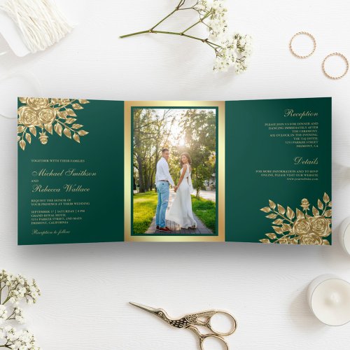 Faux Gold Foil Leaves Floral Teal Green Wedding Tri_Fold Invitation