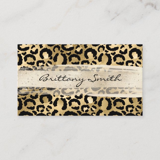 Faux Gold Foil Leopard Champagne Brush Stroke Business Card (Front)