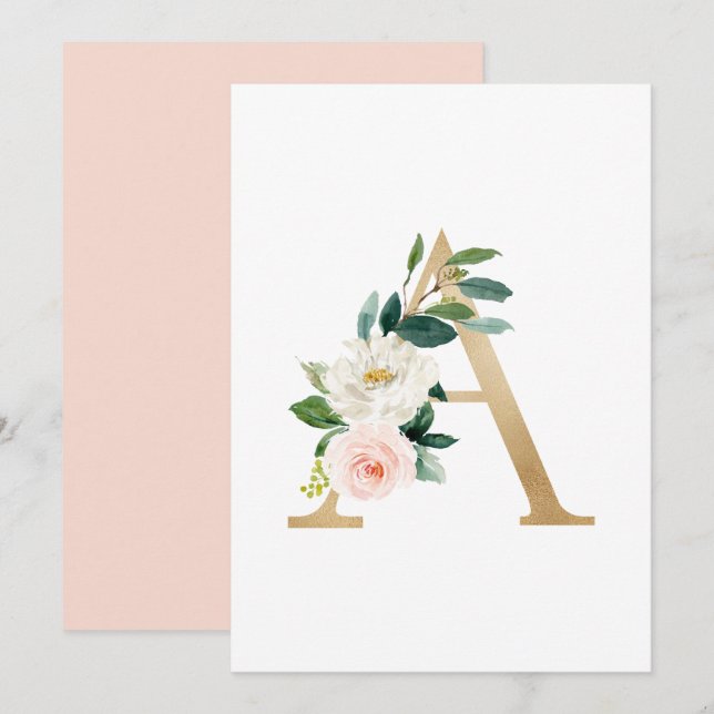 Faux Gold Foil Letter A Blush Floral Monogram  Invitation (Front/Back)
