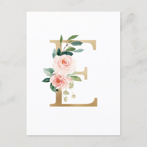 Faux Gold Foil Letter E Blush Floral Monogram Postcard