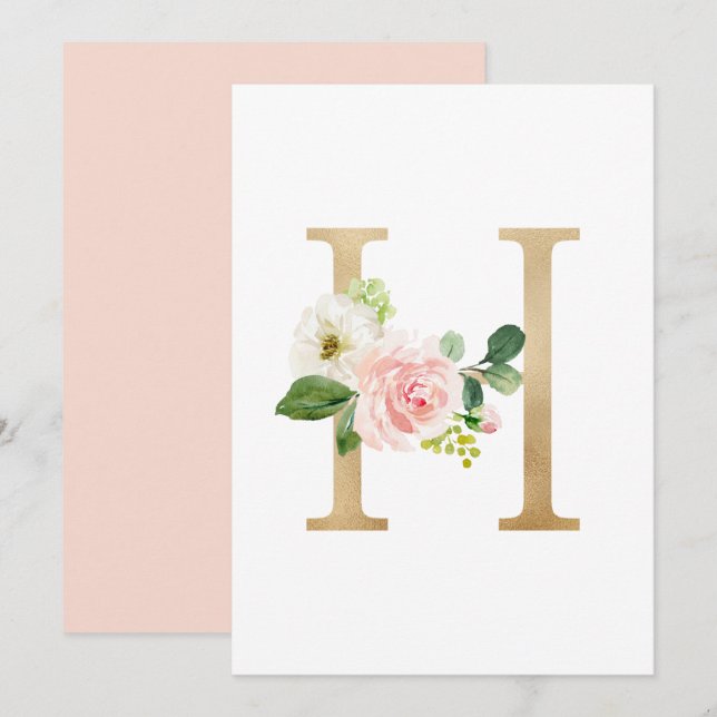 Faux Gold Foil Letter H Blush Floral Monogram Invitation (Front/Back)