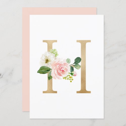 Faux Gold Foil Letter H Blush Floral Monogram Invitation