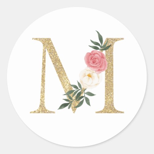 Faux Gold Foil Letter M Blush Floral Monogram Classic Round Sticker