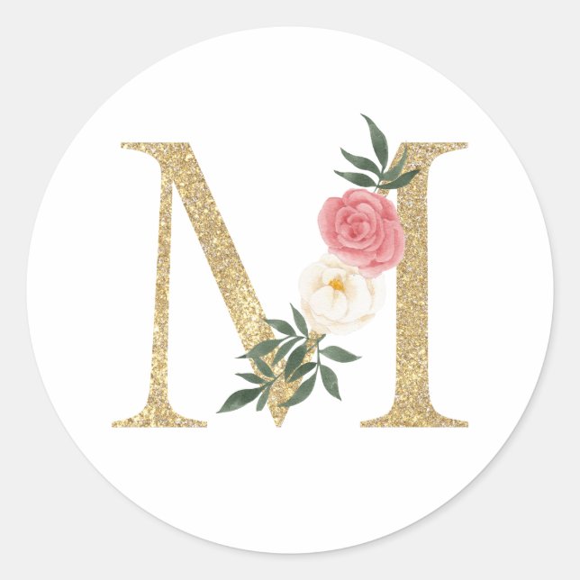Faux Gold Foil Letter M Blush Floral Monogram Classic Round Sticker (Front)