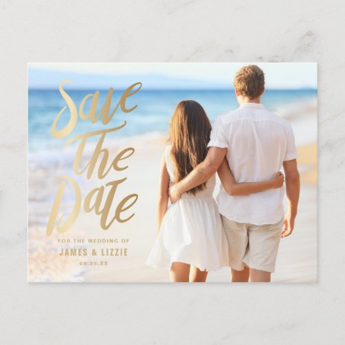 Faux Gold Foil Lettering Photo Save the Date Announcement Postcard