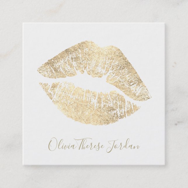 faux gold foil lipstick kiss square business card (Front)