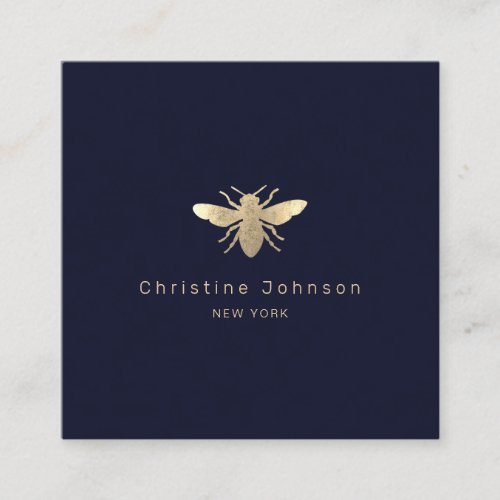 faux gold foil logo bee on dark blue square business card