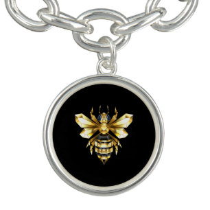 Faux Gold Foil Logo Bee Polygonal on Black Bracelet