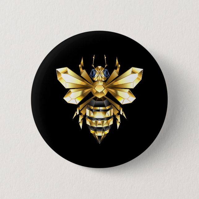 Faux Gold Foil Logo Bee Polygonal on Black Button (Front)