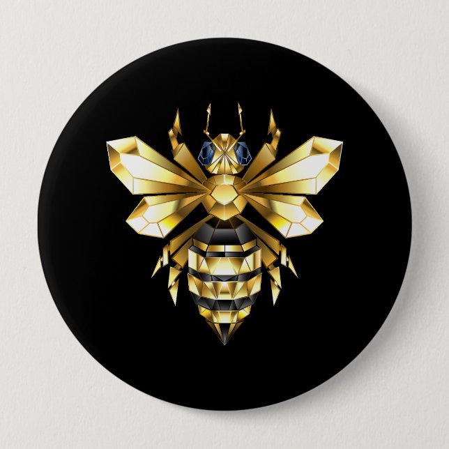 Faux Gold Foil Logo Bee Polygonal on Black Button (Front)