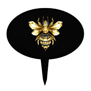 Faux Gold Foil Logo Bee Polygonal on Black Cake Topper