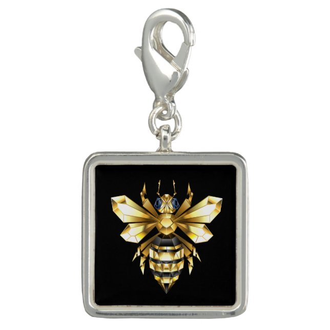 Faux Gold Foil Logo Bee Polygonal on Black Charm (Front)
