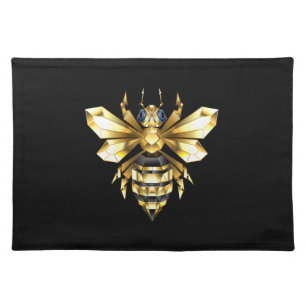 Faux Gold Foil Logo Bee Polygonal on Black Cloth Placemat