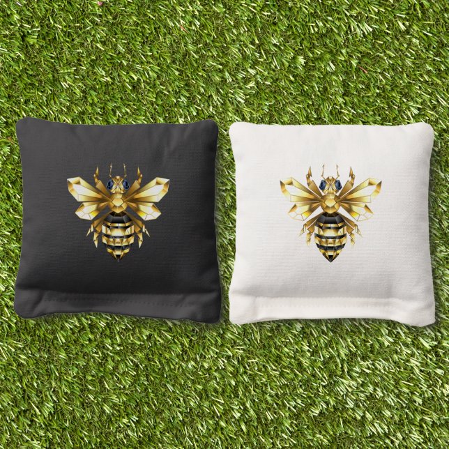 Faux Gold Foil Logo Bee Polygonal on Black Cornhole Bags (Grass)