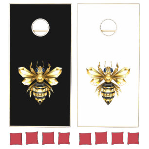 Faux Gold Foil Logo Bee Polygonal on Black Cornhole Set