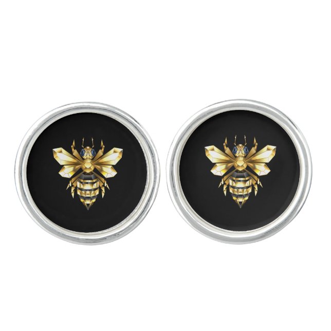 Faux Gold Foil Logo Bee Polygonal on Black Cufflinks (Front)