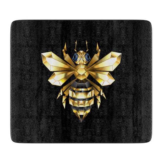Faux Gold Foil Logo Bee Polygonal on Black Cutting Board (Front)