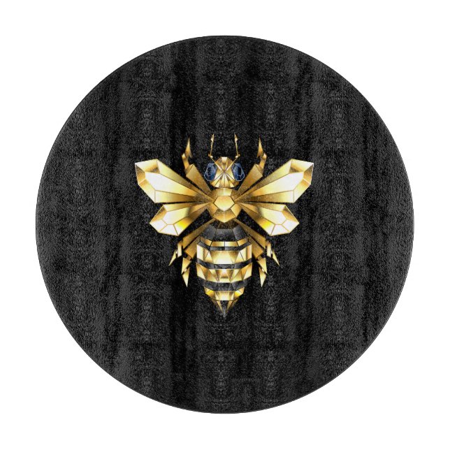 Faux Gold Foil Logo Bee Polygonal on Black Cutting Board (Front)