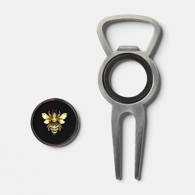 Faux Gold Foil Logo Bee Polygonal on Black Divot Tool (Front (Open))