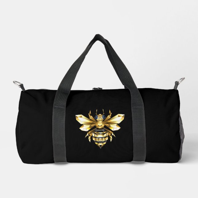 Faux Gold Foil Logo Bee Polygonal on Black Duffle Bag (Front)