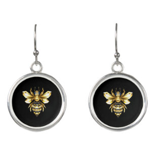 Faux Gold Foil Logo Bee Polygonal on Black Earrings