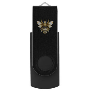 Faux Gold Foil Logo Bee Polygonal on Black Flash Drive