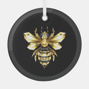 Faux Gold Foil Logo Bee Polygonal on Black Glass Ornament