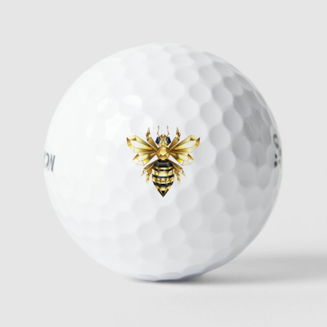 Faux Gold Foil Logo Bee Polygonal on Black Golf Balls (Front)