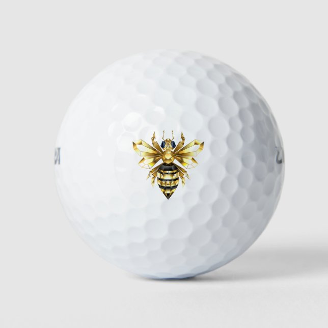 Faux Gold Foil Logo Bee Polygonal on Black Golf Balls (Front)
