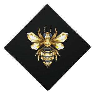 Faux Gold Foil Logo Bee Polygonal on Black Graduation Cap Topper