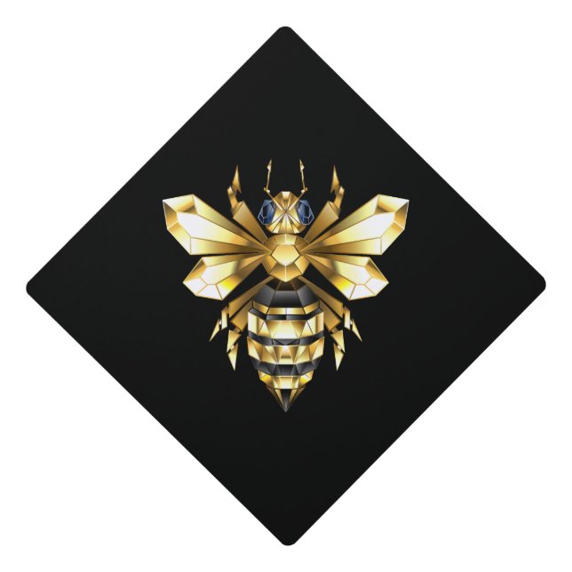 Faux Gold Foil Logo Bee Polygonal on Black Graduation Cap Topper (Front)