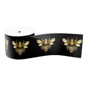 Faux Gold Foil Logo Bee Polygonal on Black Grosgrain Ribbon