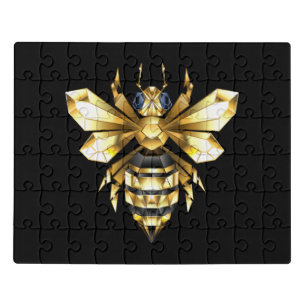 Faux Gold Foil Logo Bee Polygonal on Black Jigsaw Puzzle