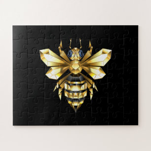 Faux Gold Foil Logo Bee Polygonal on Black Jigsaw Puzzle
