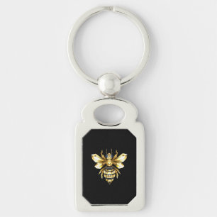 Faux Gold Foil Logo Bee Polygonal on Black Keychain