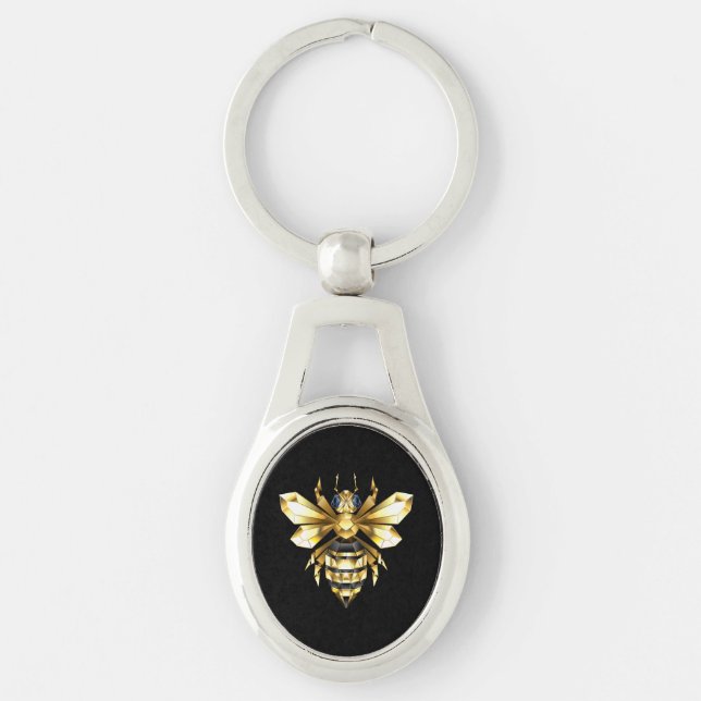 Faux Gold Foil Logo Bee Polygonal on Black Keychain (Front)