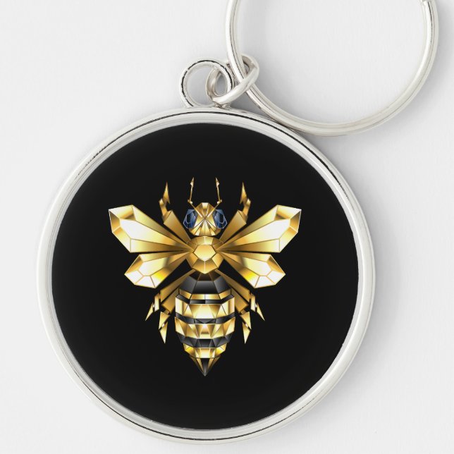 Faux Gold Foil Logo Bee Polygonal on Black Keychain (Front)